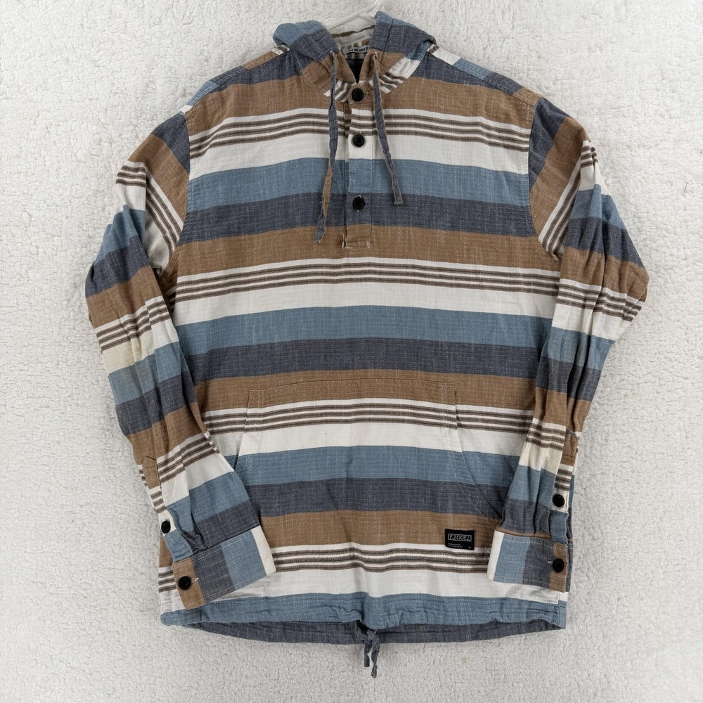 Ezekiel‎ Hoodie Shirt Mens XL Brown Blue Stripe Cotton Twill Pullover Casual